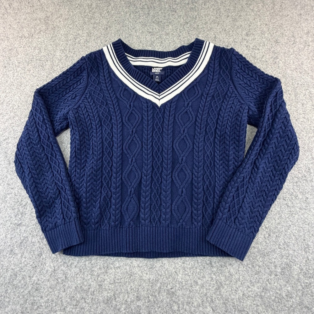 Lands End Drifter Navy Blue Cable Knit Striped V-Neck Sweater Kids M 10-12